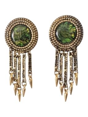 Boho Antiqued Gold-Tonedand Green Fringe Earrings Pierced